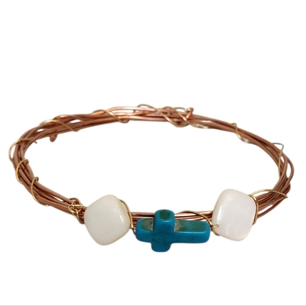 Twisted Copper & Turquoise Cross Square Mother Of Pearl Bracelet